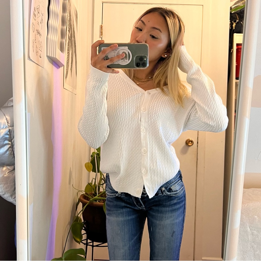 soft white knit button up cardigan vintage
